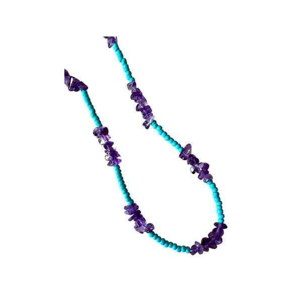 Long Strand of Purple Amethyst Chip Beads and Turquoise Bead Necklace - Picture 4 of 6